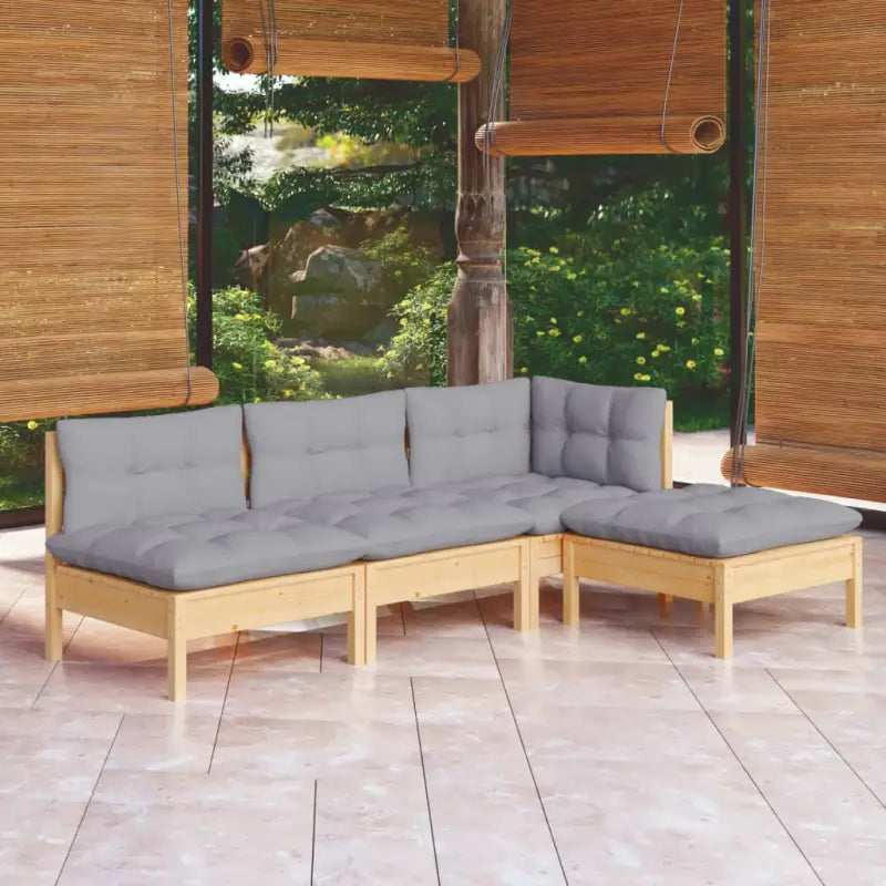 Houten tuinmeubelset van massief grenenhout met rug- en zijkussen - Bruin en grijs - Tuinsets
