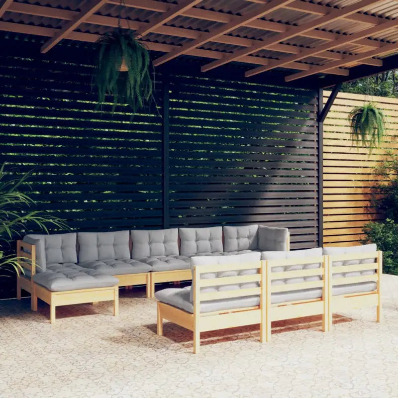 Houten tuinmeubelset van massief grenenhout met voetenbank en kussens - Bruin en grijs - Tuinsets