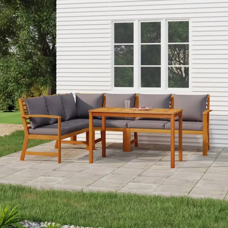 Houten tuinset van massief acaciahout met olieafwerking en comfortabele kussens - Donkergrijs / 2x bench + corner
