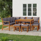 Houten tuinset van massief acaciahout met olieafwerking en comfortabele kussens - Donkergrijs / 2x bench + corner + 2x