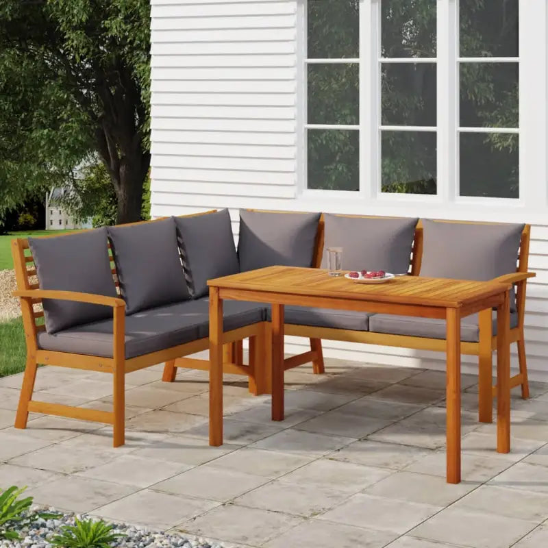 Houten tuinset van massief acaciahout met olieafwerking en comfortabele kussens - Donkergrijs / 2x bench + corner