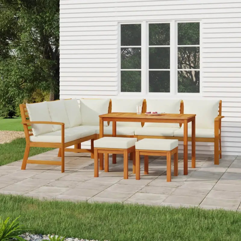 Houten tuinset van massief acaciahout met olieafwerking en comfortabele kussens - Crèmewit / 2x bench + corner + middle