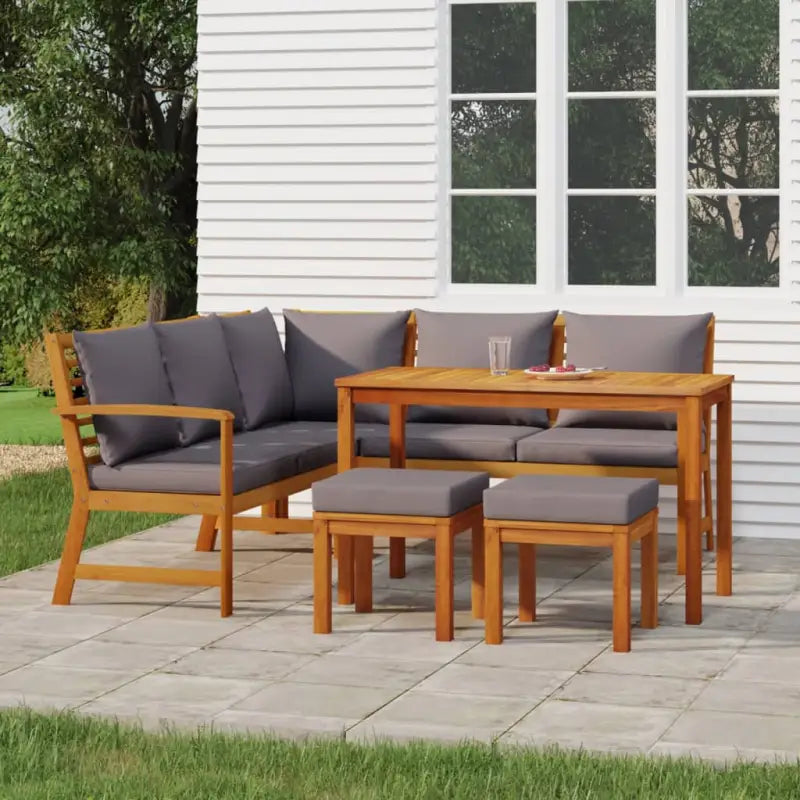 Houten tuinset van massief acaciahout met olieafwerking en comfortabele kussens - Donkergrijs / 2x bench + corner + 2x