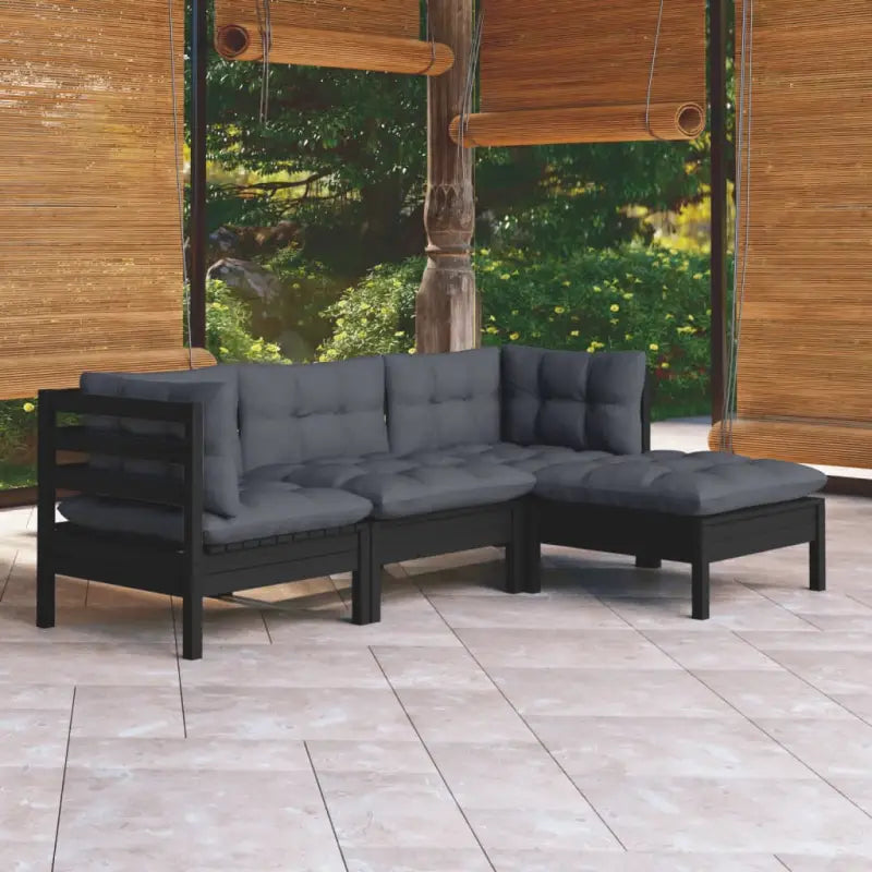 Houten tuinset van massief grenenhout met comfortabele rug- en zijkussens - Zwart - Tuinsets