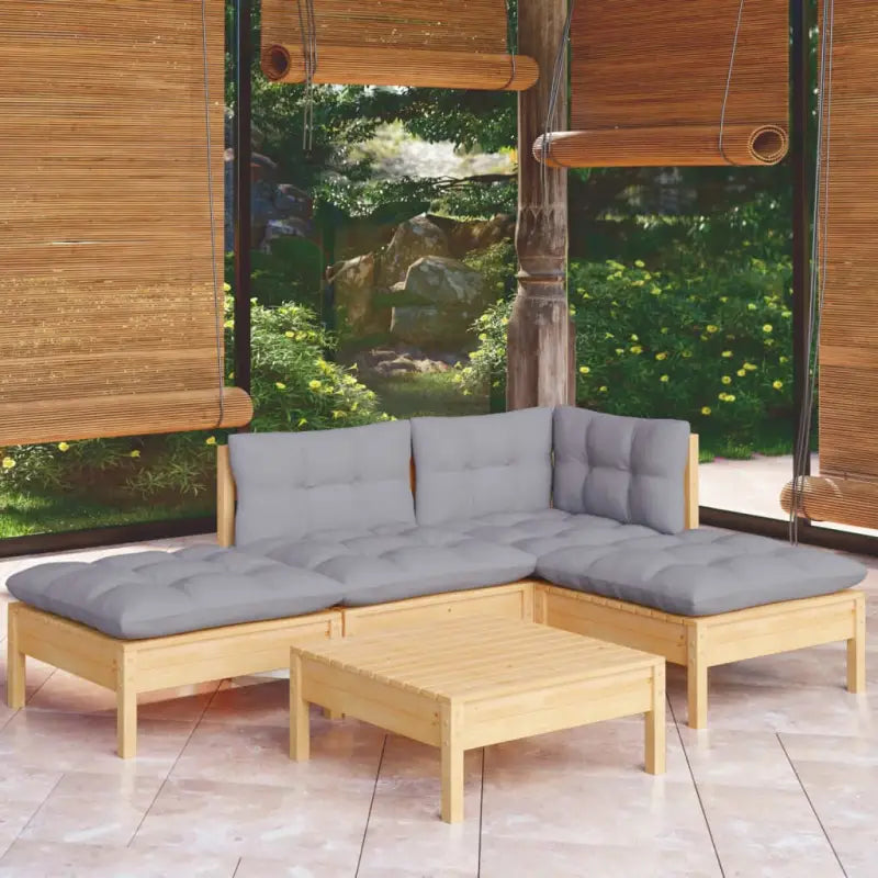 Houten tuinset van massief grenenhout met voetenbank tafel en rugzijkussen - Bruin en grijs - Tuinsets
