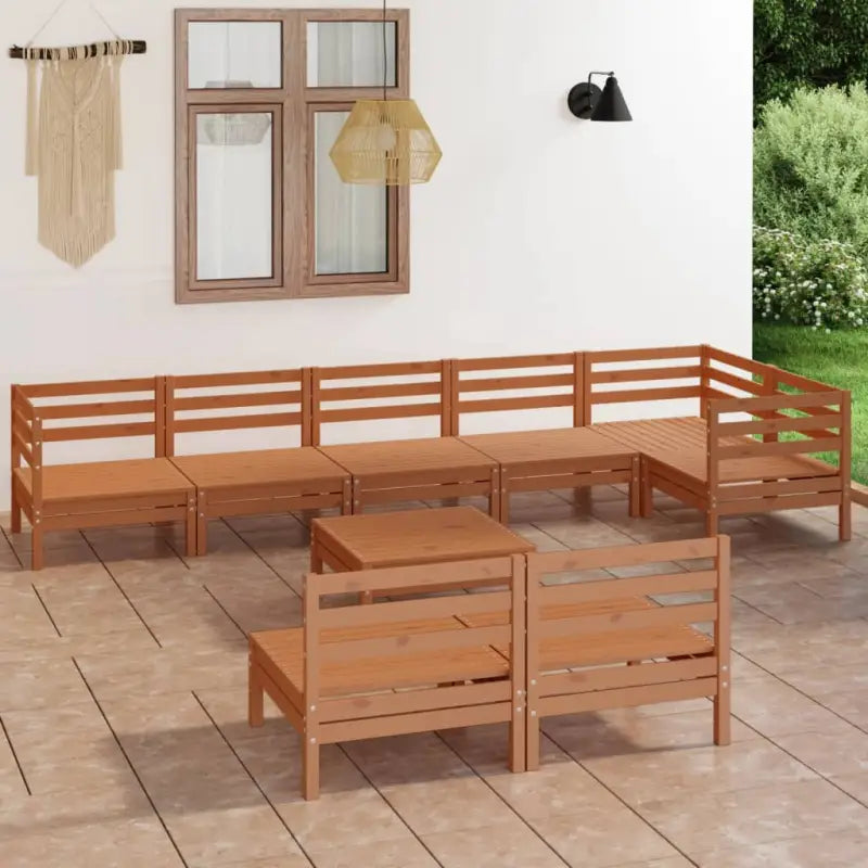 Houten tuinset van massief grenenhout met voetenbank tafel - Honingbruin - Tuinsets