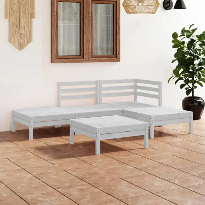 Houten Tuinset van Massief Grenenhout met Voetenbank Tafel - Wit - Tuinsets