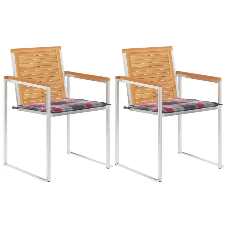 Houten tuinstoelen van massief teakhout met roestvrij staal elementen - Rood ruitpatroon / 2 - Tuinstoelen