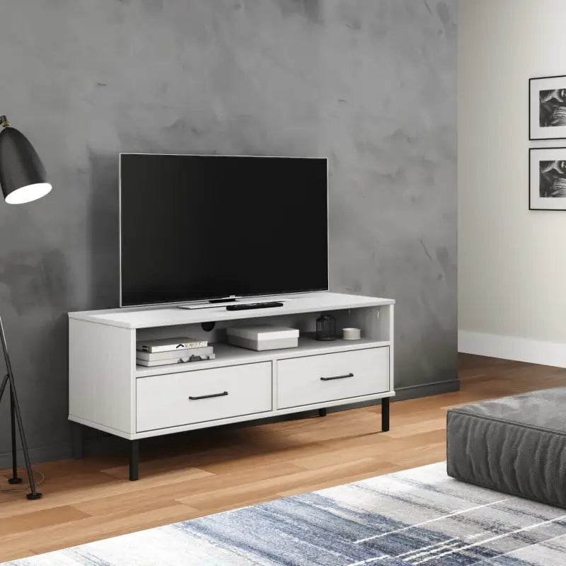 Houten TV-meubel van massief grenenhout met metalen poten - Wit / 1 - Tv-meubels