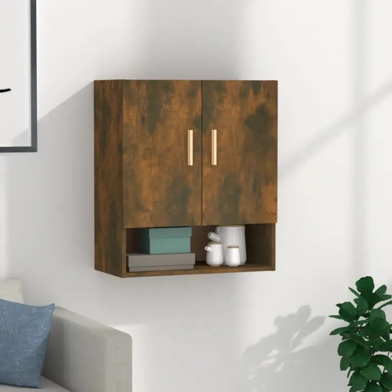 Houten wandkast in grijs sonoma met bewerkt hout voor Scandinavisch design - Gerookt eiken / 1 - Opbergkasten &