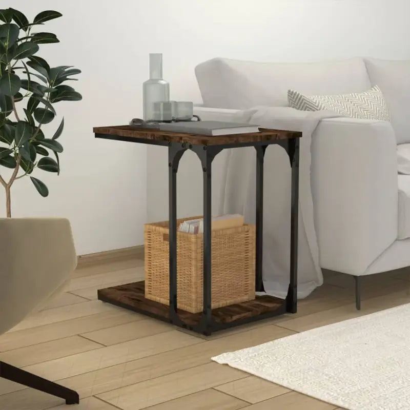 Industriële bijzettafel met bewerkt hout voor een unieke woonkamer look - Gerookt eiken / 50 x 35 x 52 cm / 1