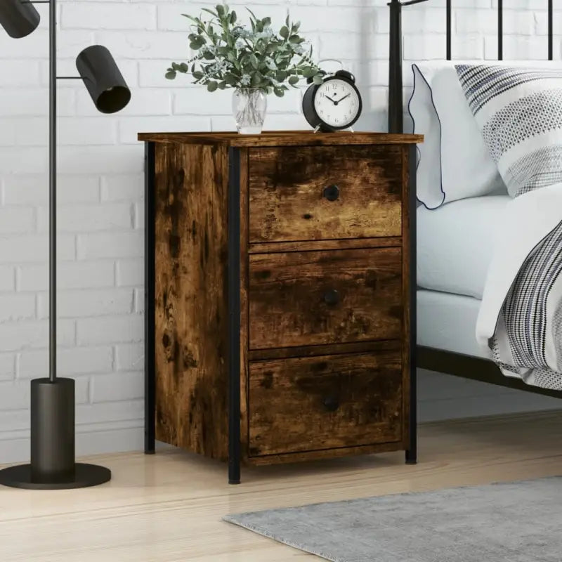 Industriële nachtkastje met bewerkt hout en verstelbare poten - Gerookt eiken / 1 - Nachtkastjes