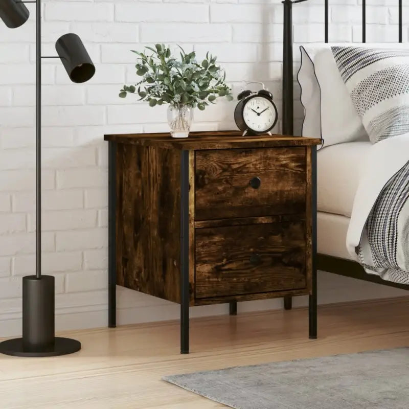 Industriële nachtkastjes met bewerkt hout en verstelbare poten - Gerookt eiken / 1 - Nachtkastjes