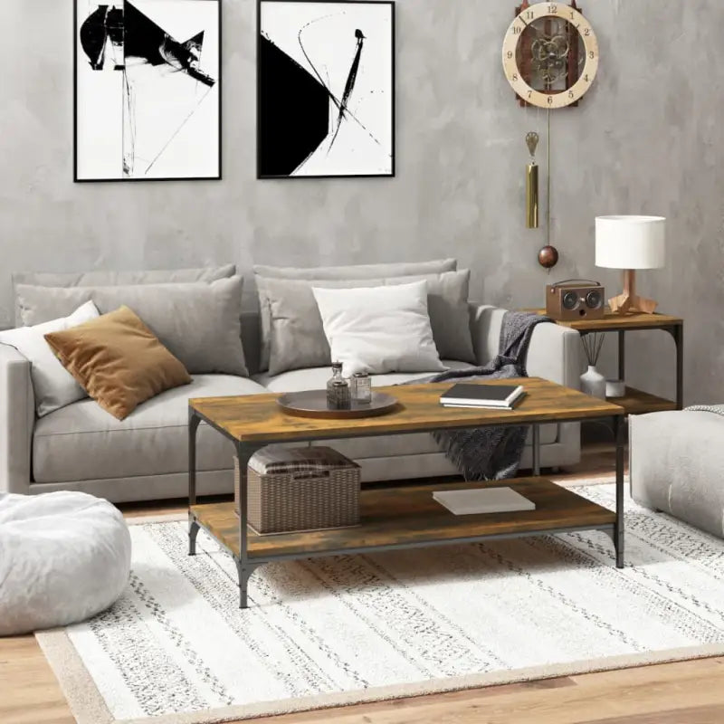 Industriële salontafel met bewerkt hout en aanpasbare poten - Gerookt eiken / 100 x 50 x 40 cm / 1 - Salontafels