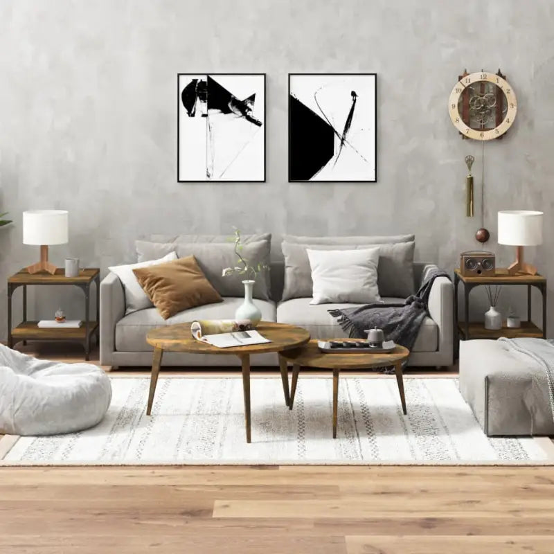 Industriële salontafel met bewerkt hout en aanpasbare poten - Gerookt eiken / 40 x 40 x 40 cm / 2 - Salontafels