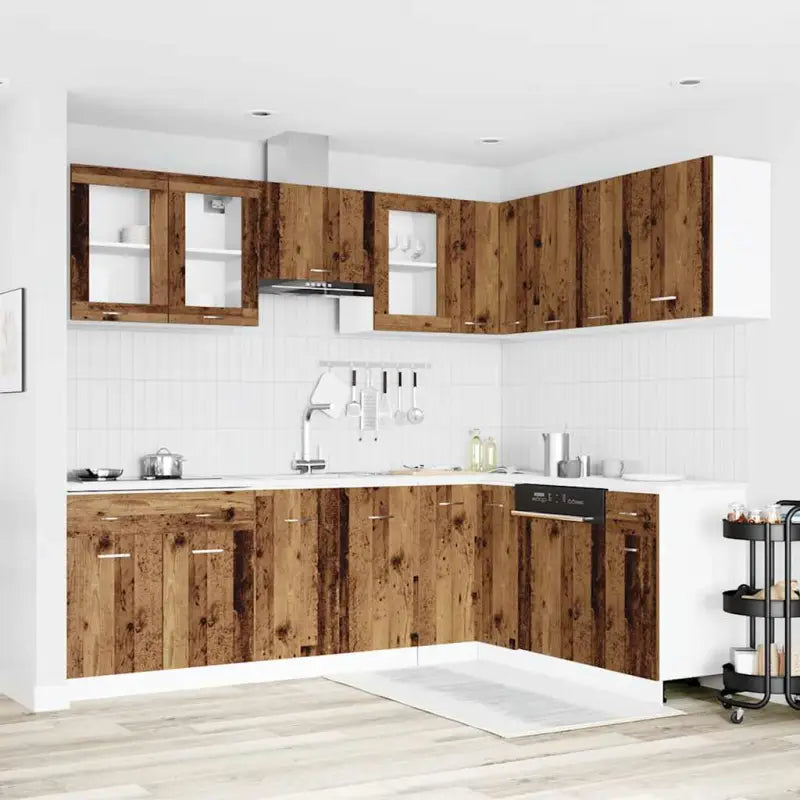 Keukenkasten met eenvoudig ontwerp en glazen deurtjes van bewerkt hout - Oud hout / 1 / zonder aanrechtblad