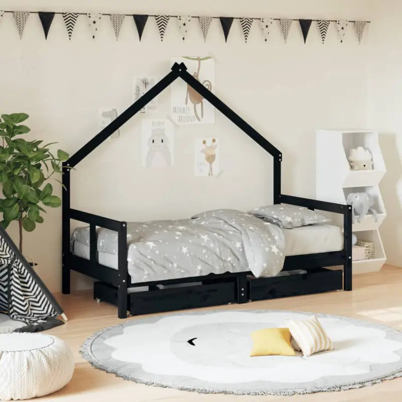 Kinderbed van massief grenenhout voor een vrolijke slaapkamer - Zwart / 80 x 160 cm - Peuter- & kinderbedden