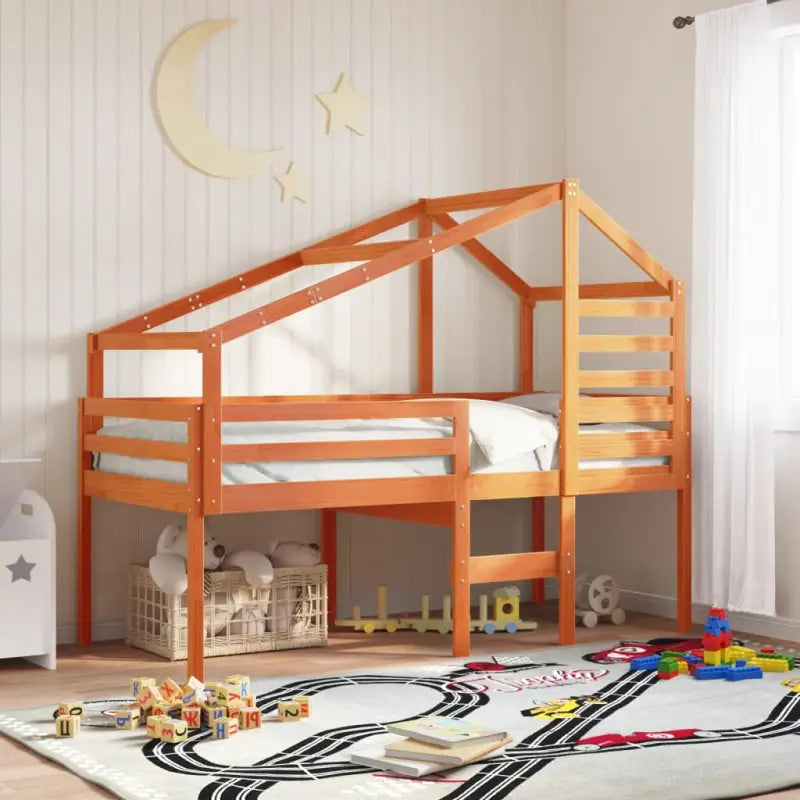Kinderbedhuisje met open zijdeur van massief grenenhout - Wasbruin / 188 x 82 x 113 cm - Accessoires voor bedden