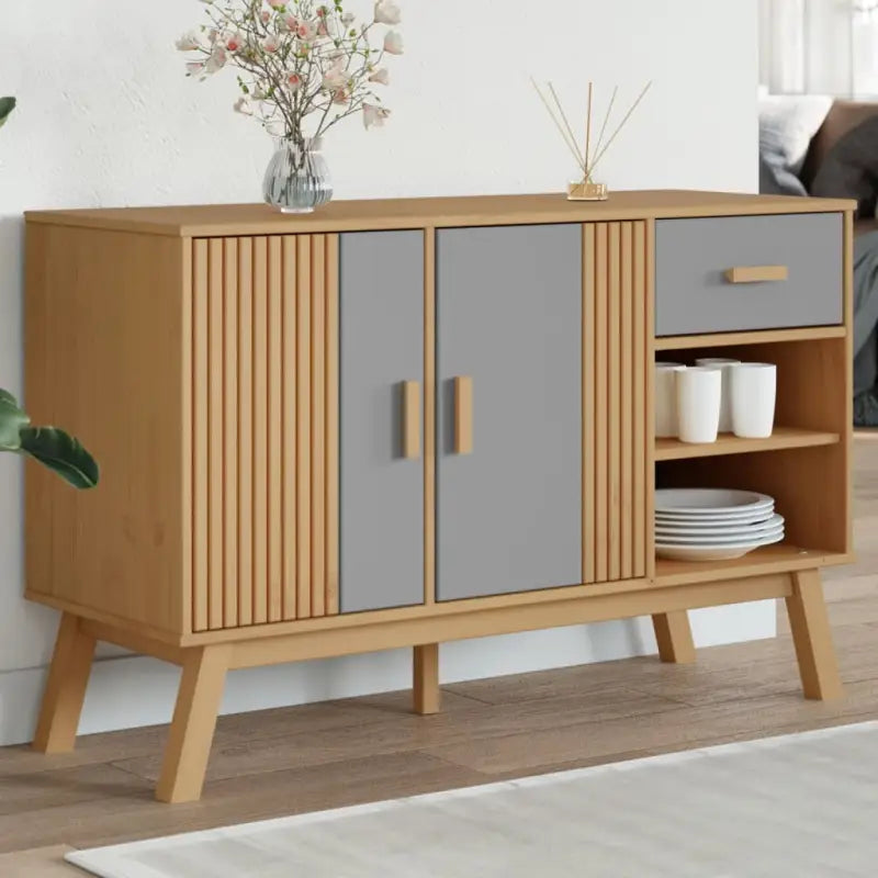 Klassiek dressoir van massief grenenhout met houten poten - Grijs en bruin / 1 - Dressoirs & buffetkasten