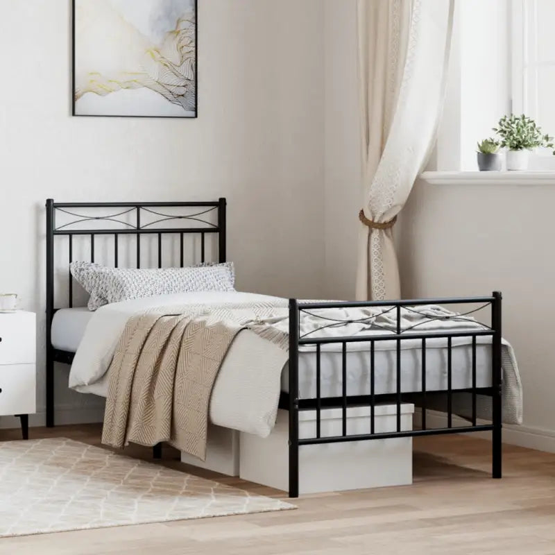 Klassiek metalen bedframe met extra opbergruimte en metalen latten - Zwart / 75 x 190 cm / met hoofdbord & voetbord