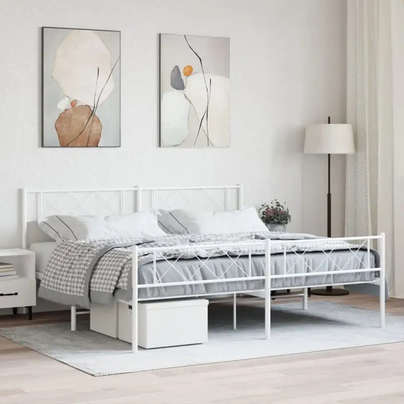 Klassiek metalen bedframe met metalen latten en extra opbergruimte - Wit / 200 x 200 cm / met hoofdbord & voetbord