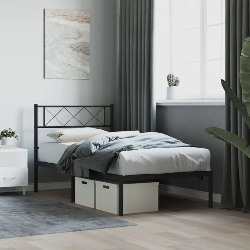 Klassiek metalen bedframe met metalen latten en extra opbergruimte - Zwart / 80 x 200 cm / met hoofdbord - Bedden &
