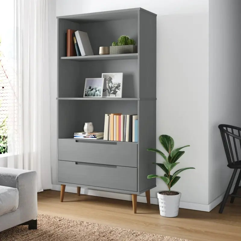 Klassieke boekenkast van massief grenenhout met Scandinavisch ontwerp - Grijs / 1 - Boekenkasten