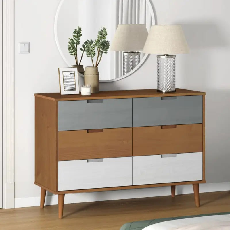 Klassieke houten ladekast van massief grenenhout in Scandinavische stijl - Bruin en wit / 1 - Commodes & ladekasten