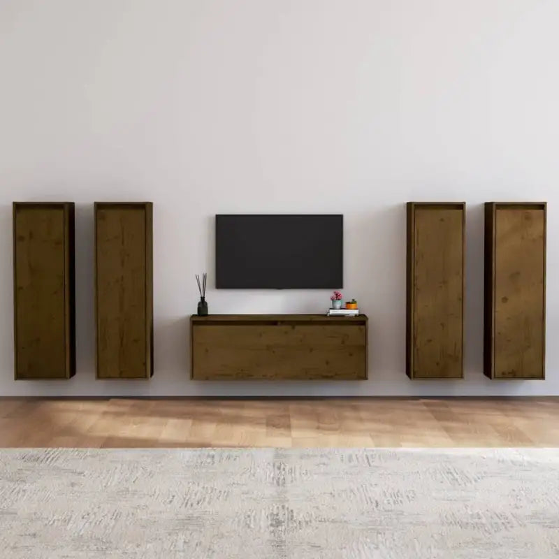 Klassieke televisiekast van massief grenenhout met trendy design - Honingbruin / 5 - Tv-meubels