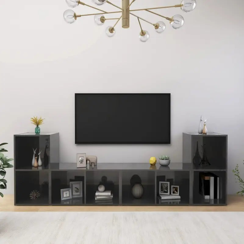 Klassieke tv-meubel in bewerkt hout met trendy en praktische uitstraling - Hoogglans grijs / 4 - Tv-meubels
