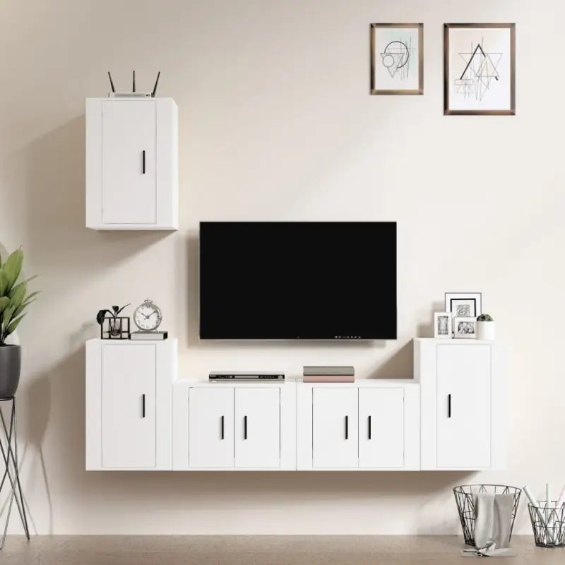 Klassieke Tv-meubel met hoogglans wit en bewerkt hout design - Wit / 5 - Tv-meubels