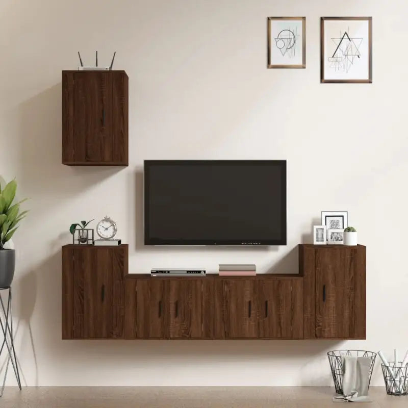 Klassieke Tv-meubel met hoogglans wit en bewerkt hout design - bruin eikenkleur / 5 - Tv-meubels