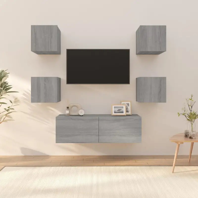 Klassieke tv-meubels in grijs sonoma met bewerkt hout ontwerp - Grijs sonoma / 5 / 100 cm - Tv-meubels