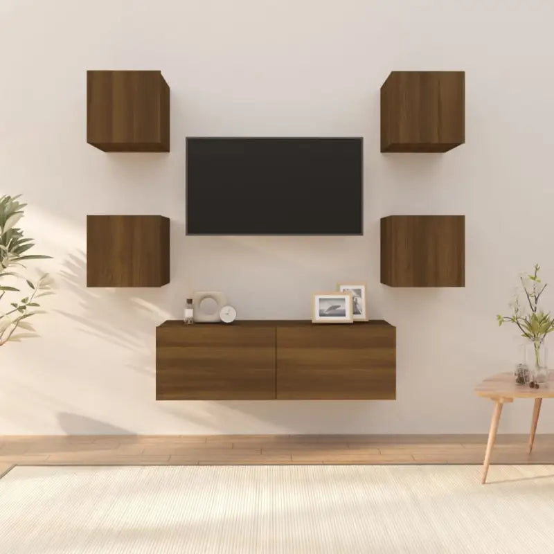 Klassieke tv-meubels in grijs sonoma met bewerkt hout ontwerp - bruin eikenkleur / 5 / 100 cm - Tv-meubels