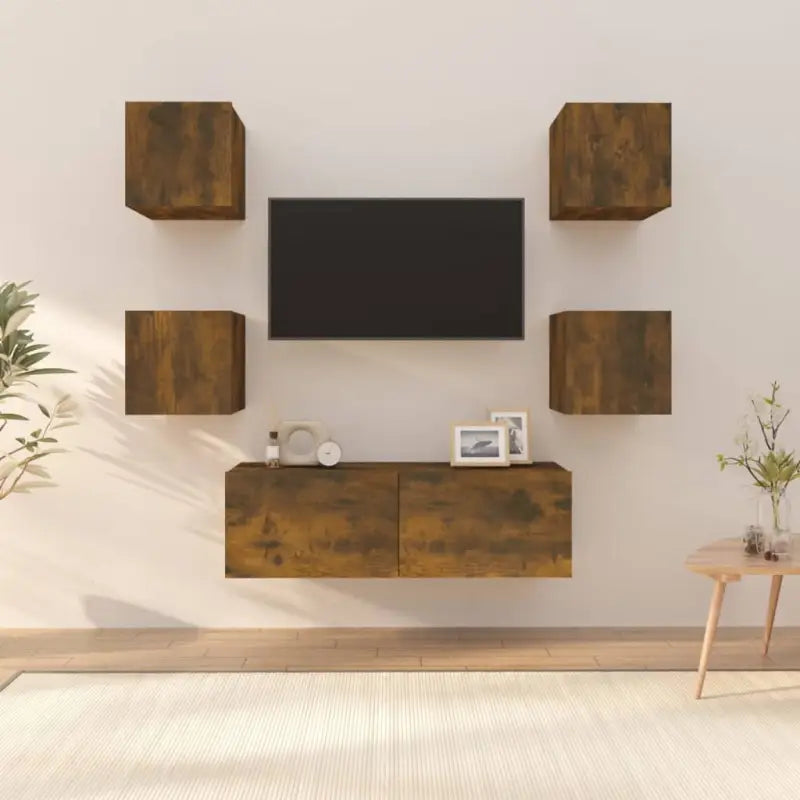 Klassieke tv-meubels in grijs sonoma met bewerkt hout ontwerp - Gerookt eiken / 5 / 100 cm - Tv-meubels