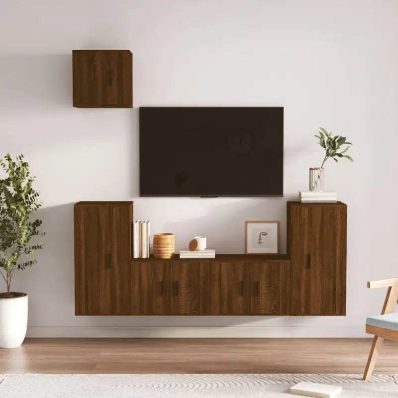 Klassieke Tv-meubels van bewerkt hout met strak design - bruin eikenkleur / 5 - Tv-meubels