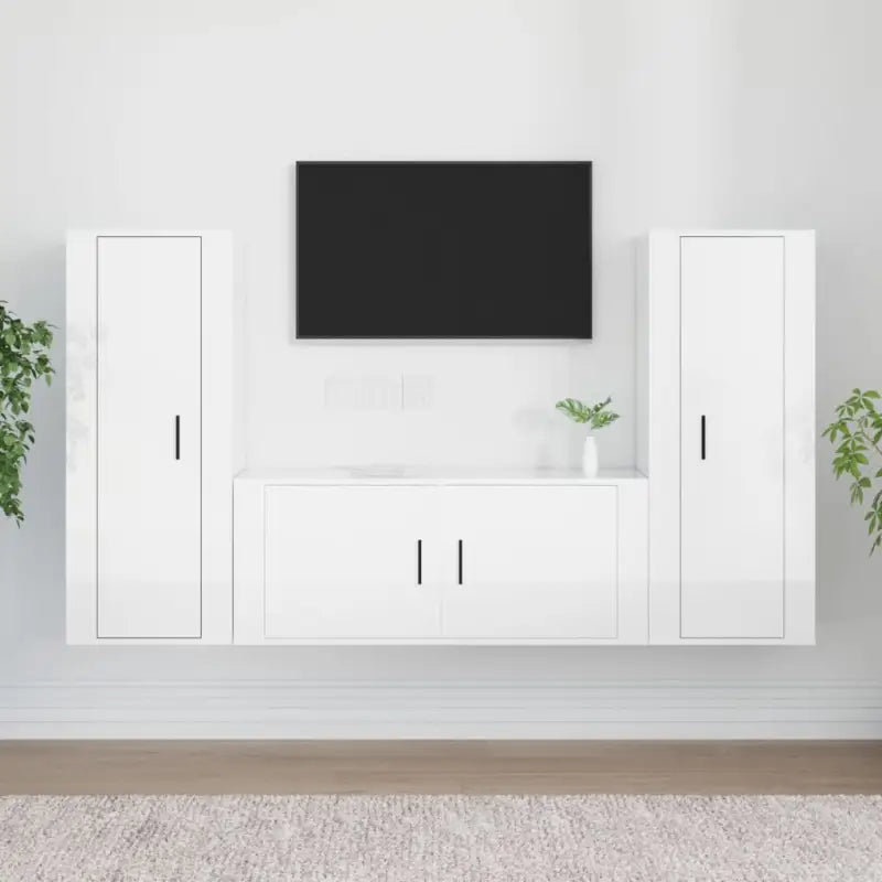 Klassieke Tv-meubelset van bewerkt hout in hoogglans wit - Hoogglans wit / 3 - Tv-meubels
