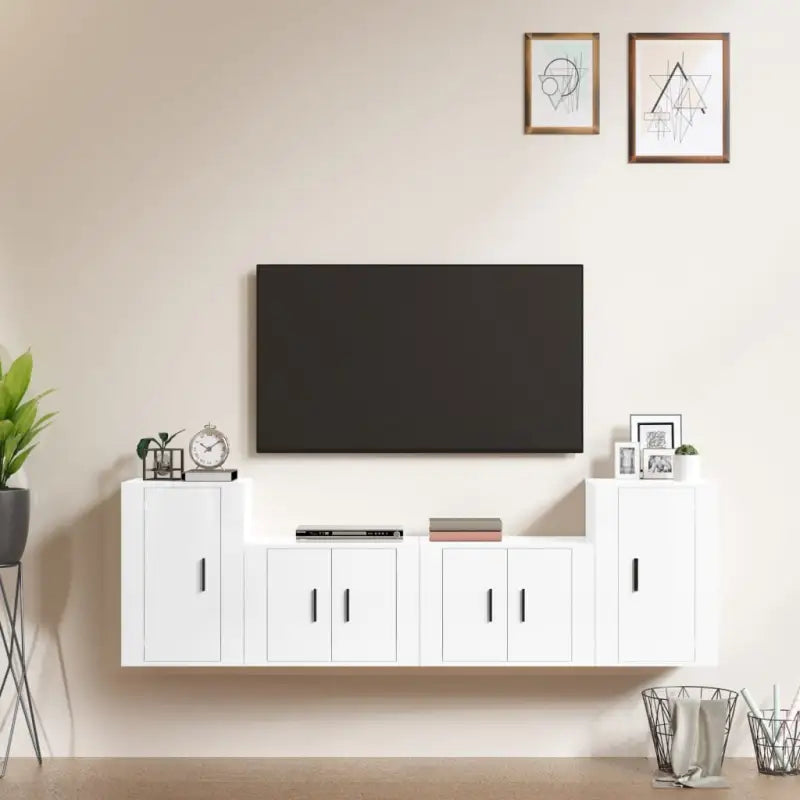 Klassieke TV-meubelset van bewerkt hout met trendy en praktische design - Hoogglans wit / 4 - Tv-meubels