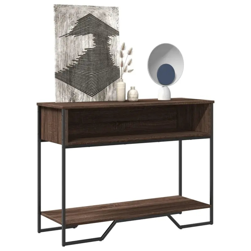 Klassieke wandtafel met bewerkt hout en metalen handgrepen - bruin eikenkleur / 1 - Bijzettafels