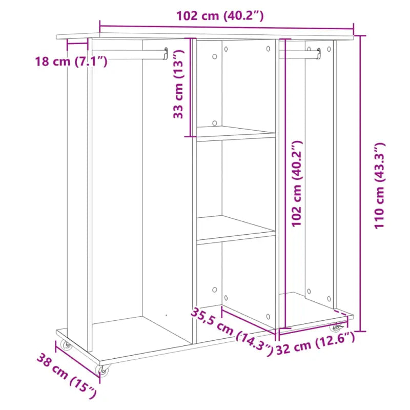 Kledingkast Met Wielen 102X38X110 Cm Bewerkt Hout