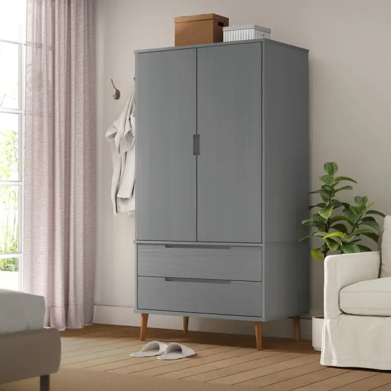 Kledingkast van massief grenenhout met Scandinavisch design - Grijs / 1 - Kledingkasten