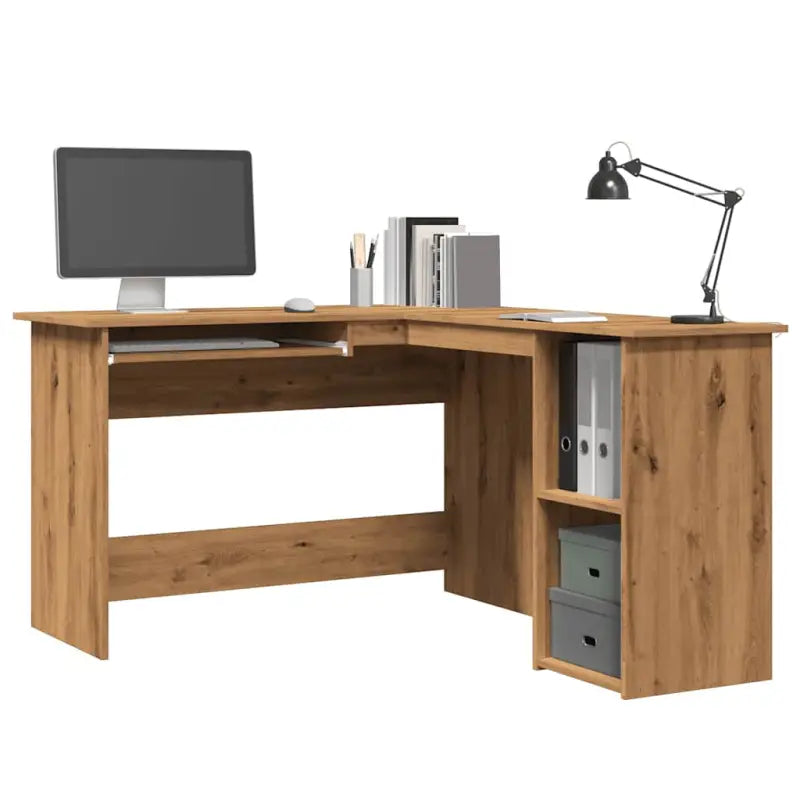 L-vormig hoekbureau met open schappen in bewerkt hout - artisanaal eikenkleurig - Bureaus