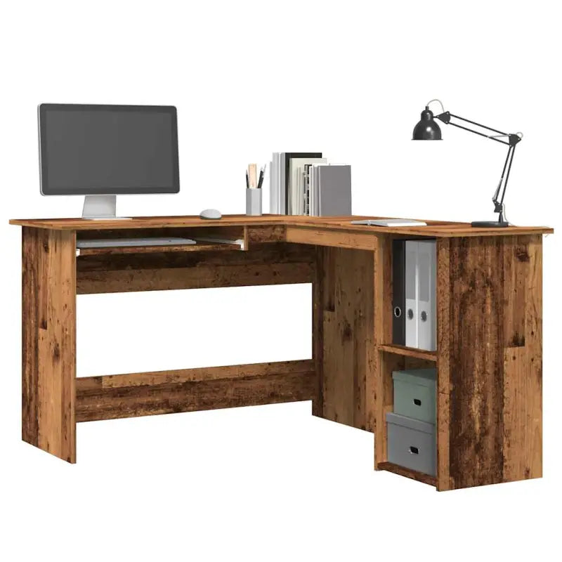 L-vormig hoekbureau met open schappen in bewerkt hout - Oud hout - Bureaus