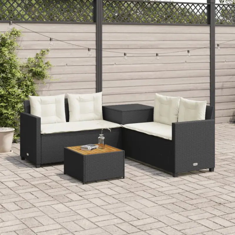 L-vormige tuinbank met poly rattan en waterdichte zak for easy cleaning - Zwart en crème / Hout - Tuinsets