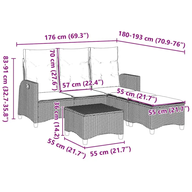 L-vormige tuinbankset met poly rattan en wasbare hoes voor tuin of terras - Tuinsets