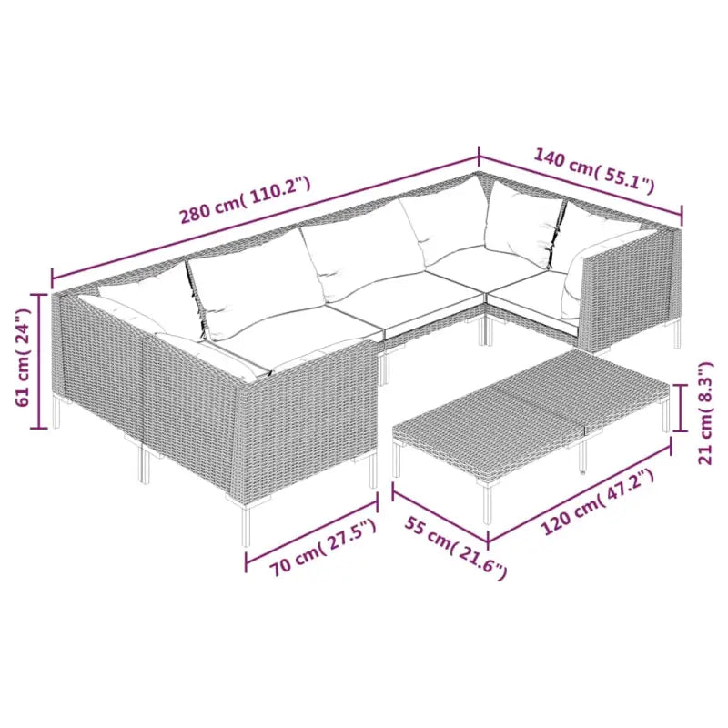 Lichtgewicht loungeset met halfrond PE-rattan en comfortabele afmetingen - 2x midden + 4x hoek + Tafel - Tuinsets