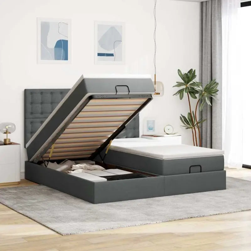 Lichtgrijs Ottomaanse Bed met ruime opbergruimte en comfortabel matras - Donkergrijs / 200 x 200 cm / knopen - Bedden &