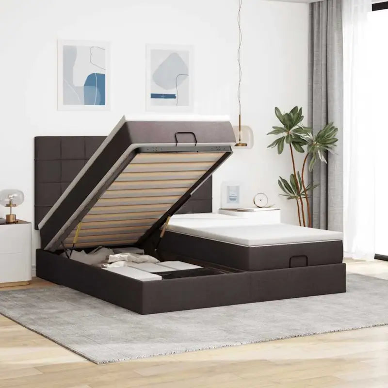 Lichtgrijs Ottomaanse Bed met ruime opbergruimte en comfortabel matras - Donkerbruin / 200 x 200 cm / Blok