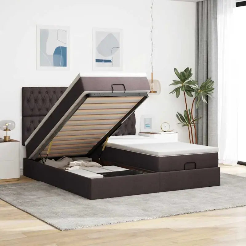 Lichtgrijs Ottomaanse Bed met ruime opbergruimte en comfortabel matras - Donkerbruin / 200 x 200 cm / Getuft ontwerp