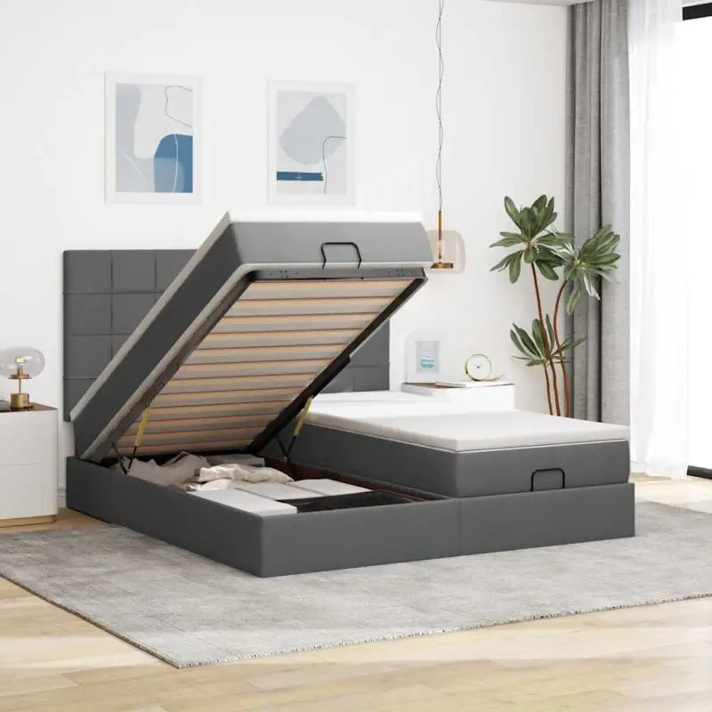 Lichtgrijs Ottomaanse Bed met ruime opbergruimte en comfortabel matras - Donkergrijs / 160 x 200 cm / Blok
